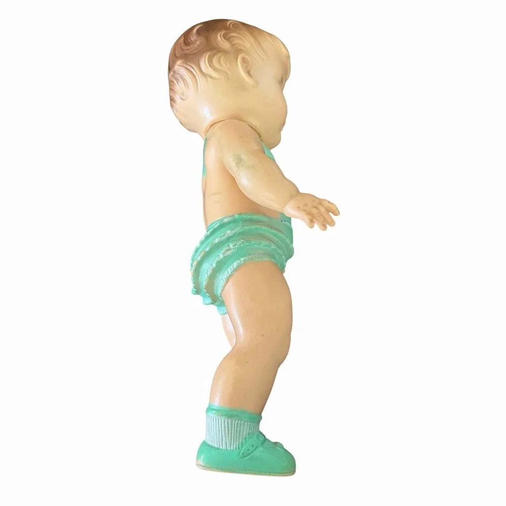 Vintage 1950s The Sun Rubber Baby Doll   Green‎ Romper MCM Toy 10